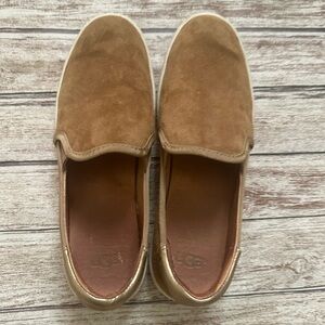 UGG Women’s Brown Suede Slip-Ons with gold accent in back